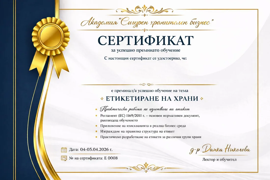 Сертификат за обучение по етикетиране на храни